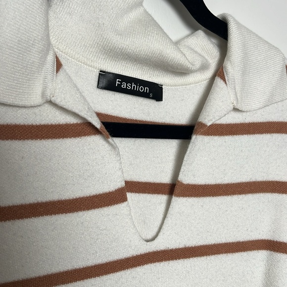 Amazon CFLONGE Striped Collared Sweater Tan & White, lightly worn - Picture 4 of 5